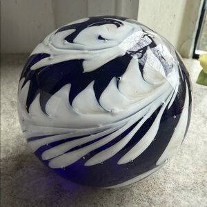 Vintage Cobalt Blue & White Swirl Art Paperweight Sphere 3x3 in